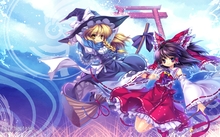 brunettes blondes witch blue touhou needles texts skirts long hair ribbons weapons miko red eyes gat Wallpaper